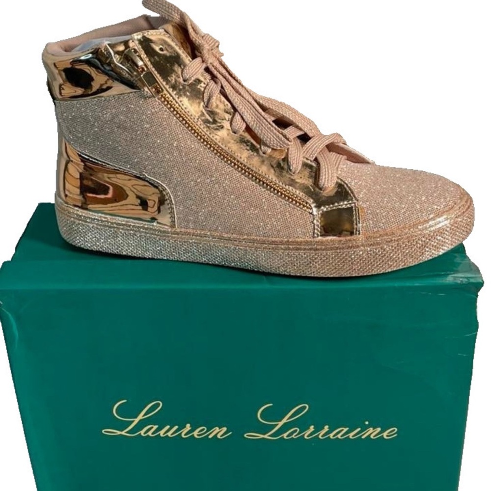 Lauren Lorraine Rose Gold High Top Lace Up Glitter Sneakers      US 8        NWT